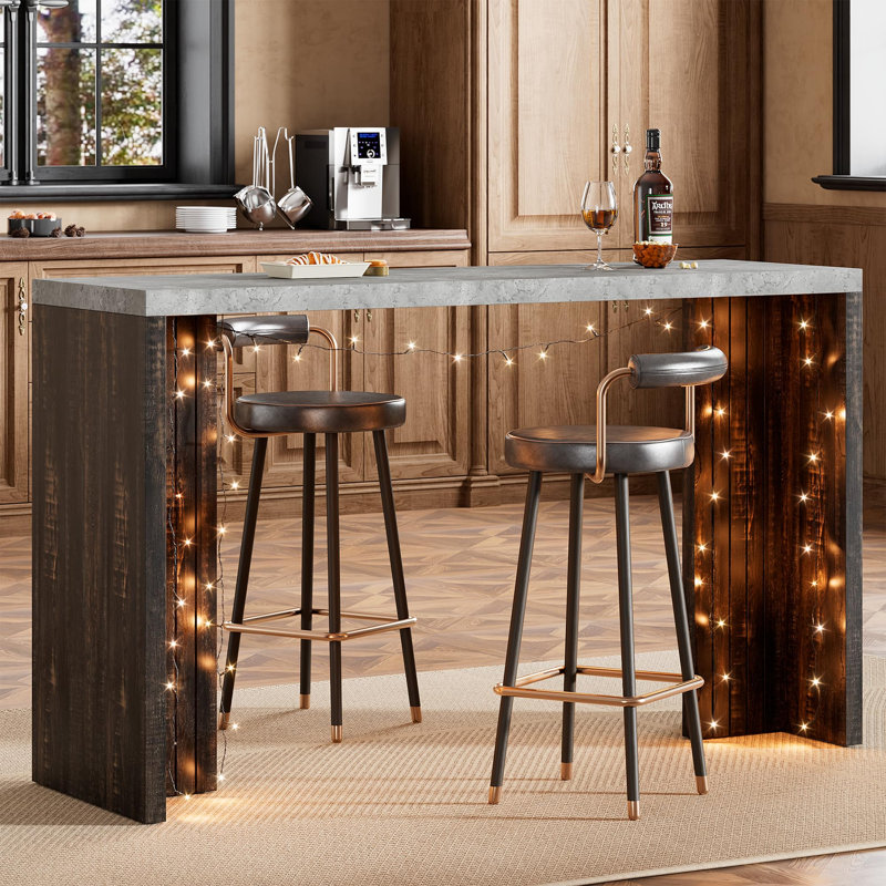 Table de bar de 55 po de long à hauteur de comptoir avec plateau en faux marbre, unité de bar moderne rectangulaire pour la cuisine, la salle à manger, le balcon, le salon, le sous-sol, gris et brun