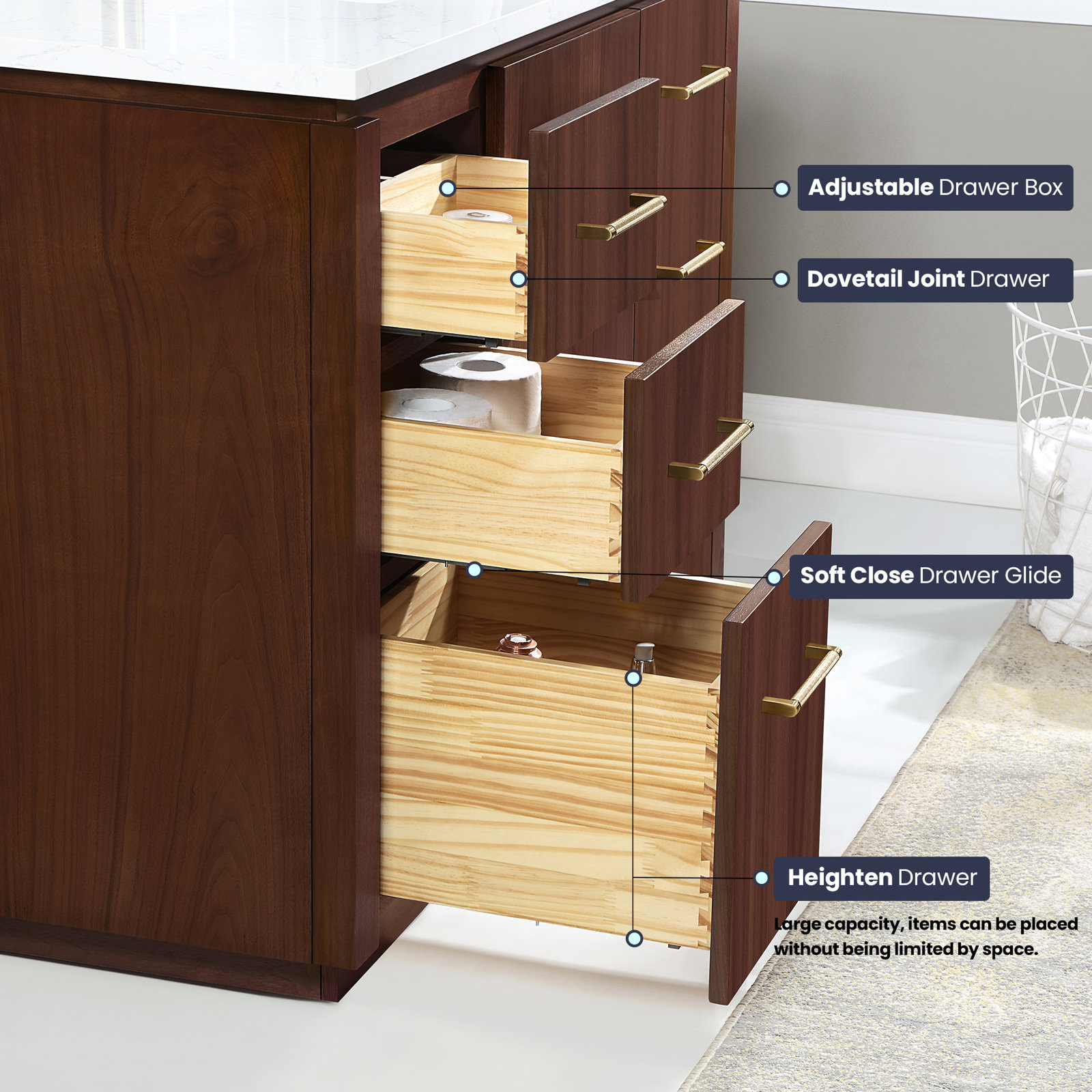 Cloverfield 60'' Single Bathroom Vanity, Natural Walnut, Gold