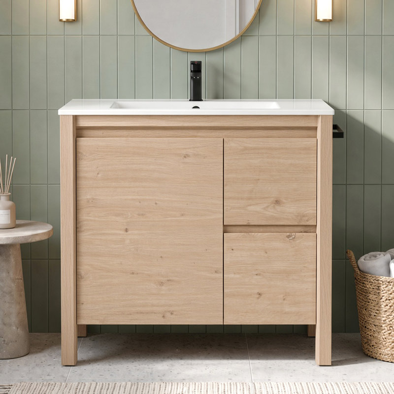 Meuble-lavabo simple autoportant de style ferme moderne de 91 cm (36 po) avec comptoir, robinet et drain, pieds droits apparents