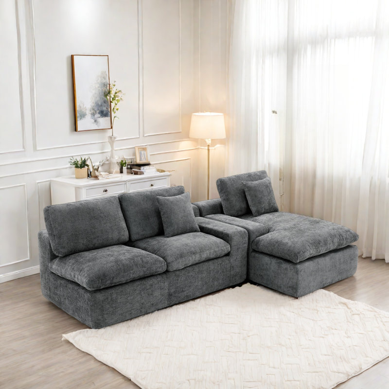 Free-combined Upholstered Sofa Couch With Double-layer Cushion, Side Pockets And Two Throw Pillows, Gray