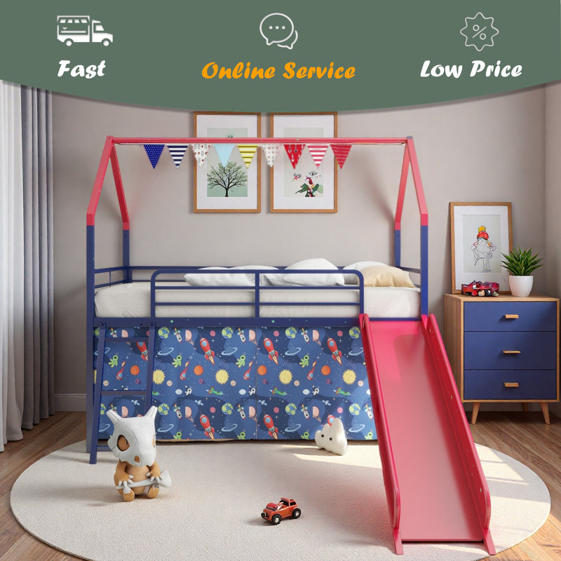 Metal Junior House Twin Loft Bed With Slide And Curtain Set, Super Hero, Red