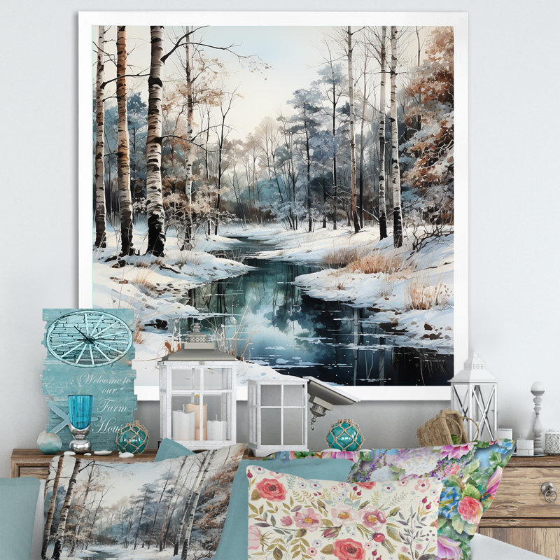 Rivière en forêt, paysage d'hiver - impressions sur toile de forêt, H 30 po x l 30 po x P 1 po, Cadre simple blanc