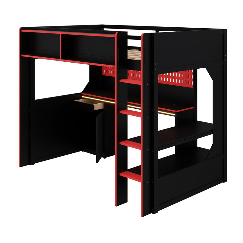 Loft Bed with Integrated Gaming Desk, Lighting System, and Built-in Charging Station, Black+Red