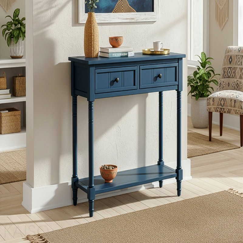 Console Daisy, 2 tiroirs, tablette inférieure pour le salon - bleu marine foncé