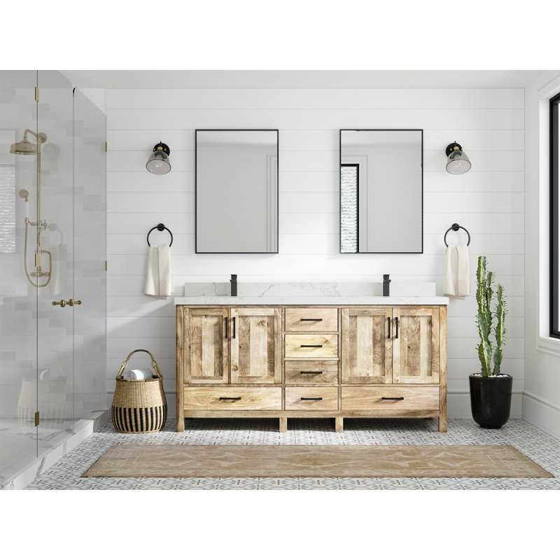Malibu 72'' Double Bathroom Vanity with Quartz Top, Calacatta Nuvo, Whitewashed