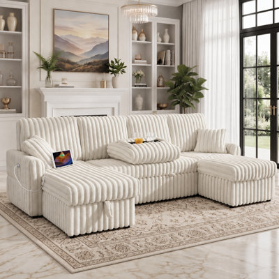 104" Reversible Sleeper Sofa Bed with Storage Chaise, 3-In-1 U-Shaped Pull-Out Couch Featuring Charging Station, Cup Holder & Side Pocket, Plush Corduroy Upholster, for Living Room