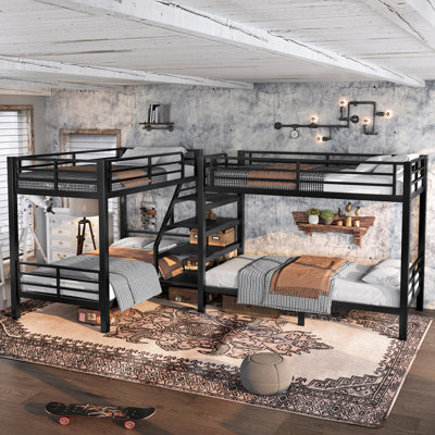 Twin L-Shaped Metal Bunk Bed with Storage Shelves & Safety Guardrail, Space-Saving, Black