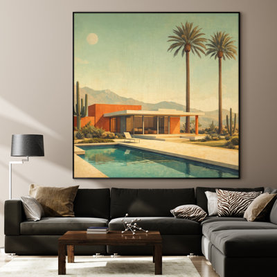 Très grand reproduction d'art sur tissu - Maison moderne de style Mid-Century désertique avec palmiers et piscine pour le salon - "Assemblage requis du cadre (cadre non fini)"