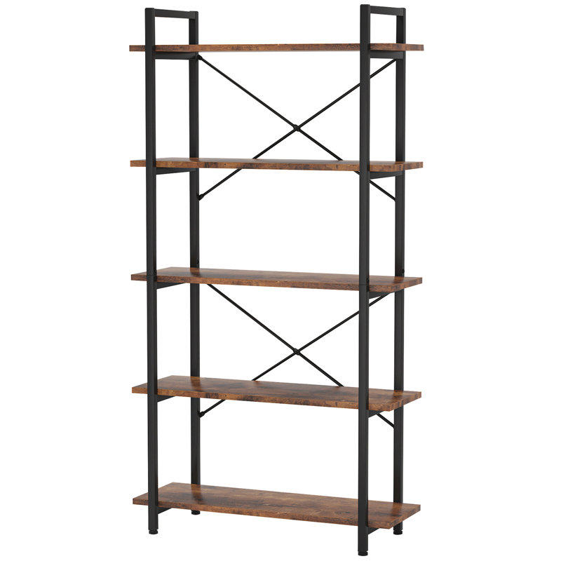 63" Tall  5-Tier Rustic Brown Industrial Metal Bookshelf Unit For Living Room