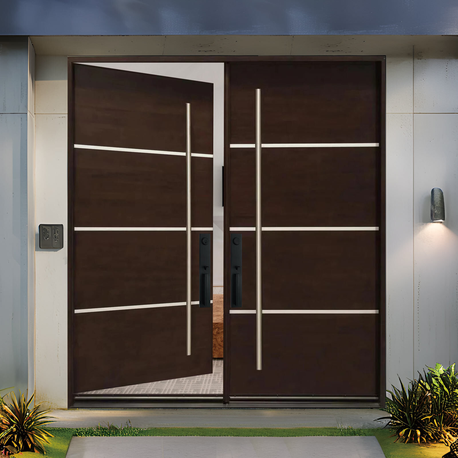 NEWBANG Porte d'entrée moderne en bois d'acajou à finition noyer foncé ...