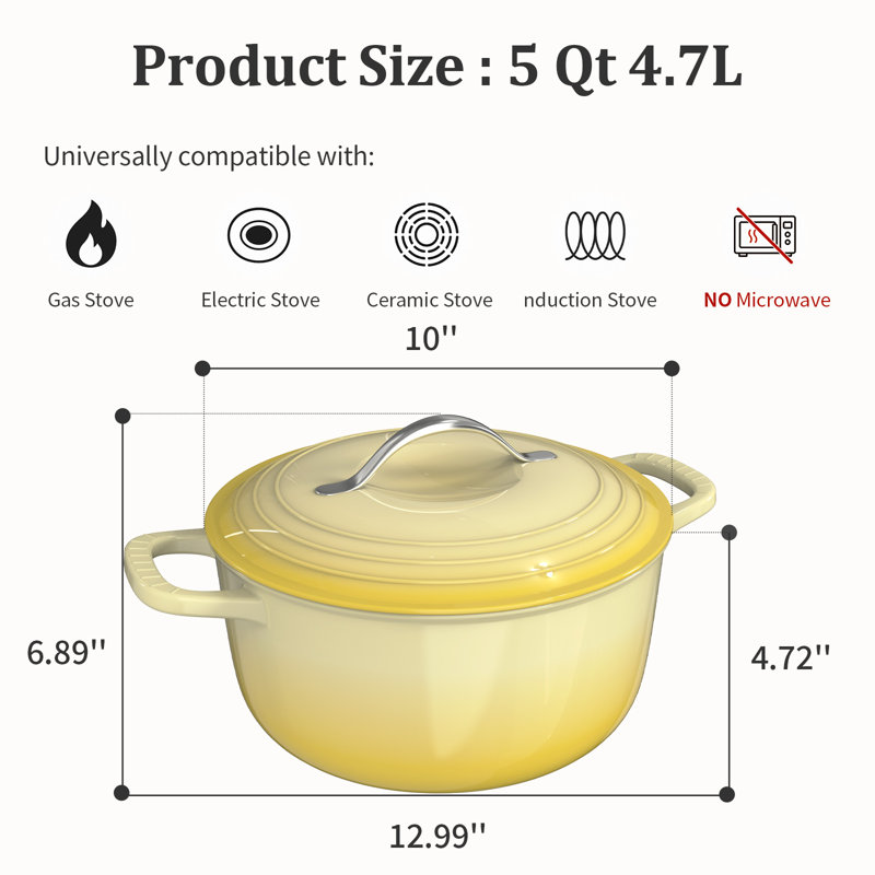 Cocotte ronde en fonte émaillée jaune de 5 pintes avec gants et dessous de plat résistant à la chaleur, Jaune