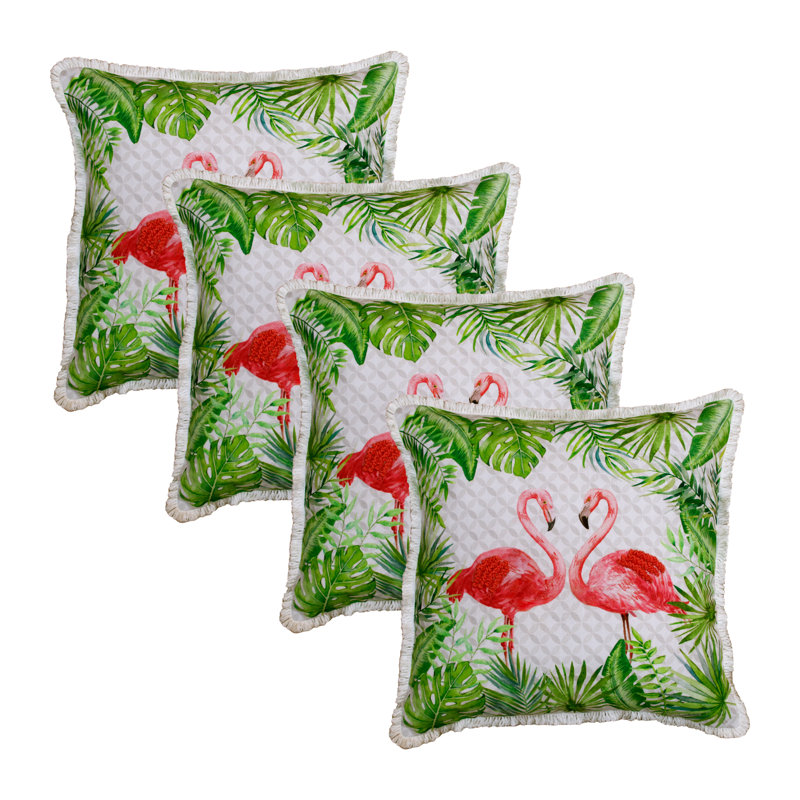 Ensemble de 4 coussins en polyester rose / vert à paillettes florales, Rose / Vert