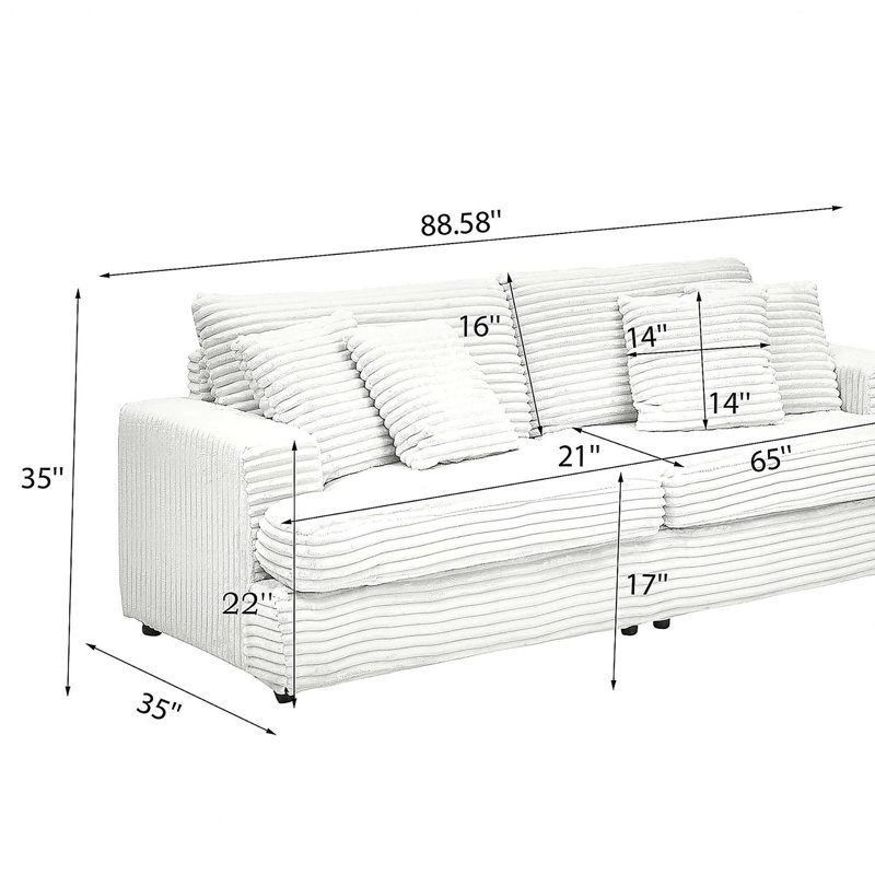 Canapé 88,58 po en velours côtelé 3 places, spacieux et confortable. Jumelé à 4 coussins décoratifs de la même couleur, il ajoute une touche d'élégance à un salon moderne. Orange