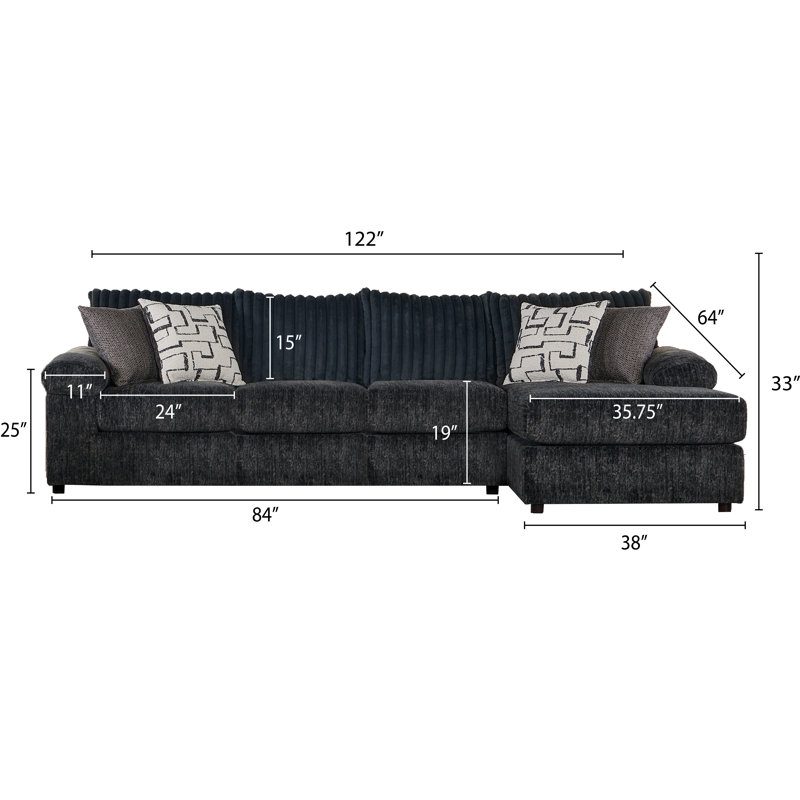 Oliwier Wide Wale Corduroy Sectional Sofa Chaise with Armchair, Parchment, Charcoal Corduroy