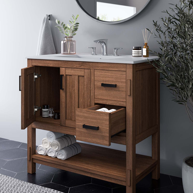Ashlyn 36" Walnut White Wood Bathroom Vanity with Ceramic Top