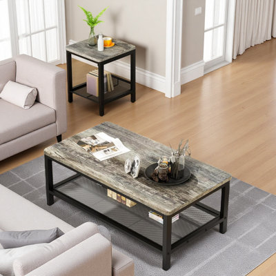 Industrial Coffee Table, Coffee Table Set Of 3 With 2 Square End Side Tables, Faux Marble Coffee Table With Metal Frame For Apartment Home Office, White Black