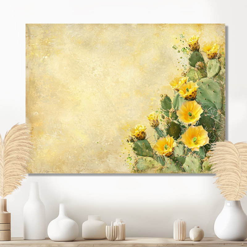 Lueur dorée de champ de cactus II - décoration murale en métal floral, impression de cactus floral