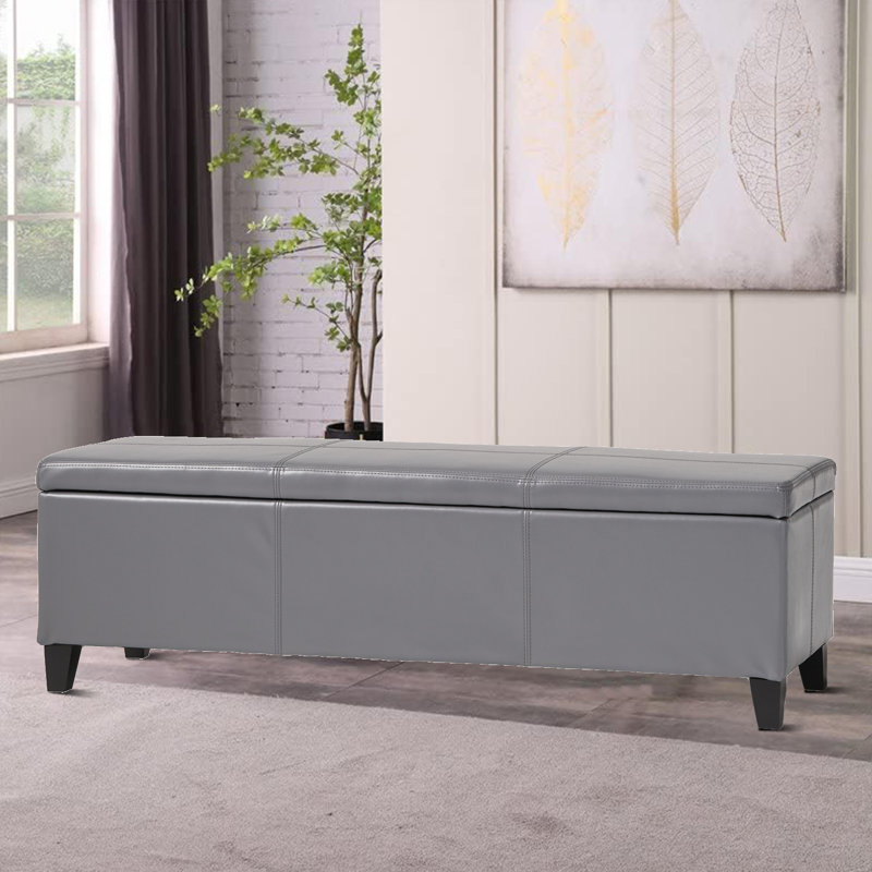 Haelly Faux Leather Modern luxury style upholstered bench with wooden legs and hidden storage for hallway bedroom, Gray