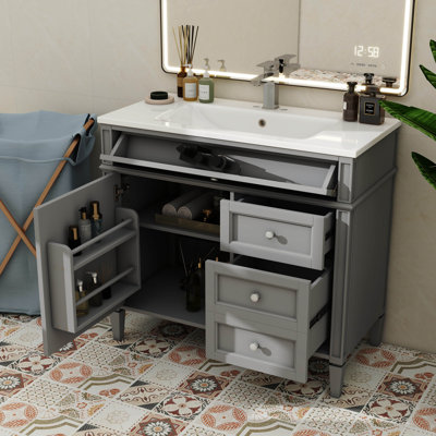 Meuble-lavabo de 36 pouces avec lavabo supérieur, meuble-lavabo moderne avec 2 tiroirs et tiroir escamotable, meuble-lavabo simple