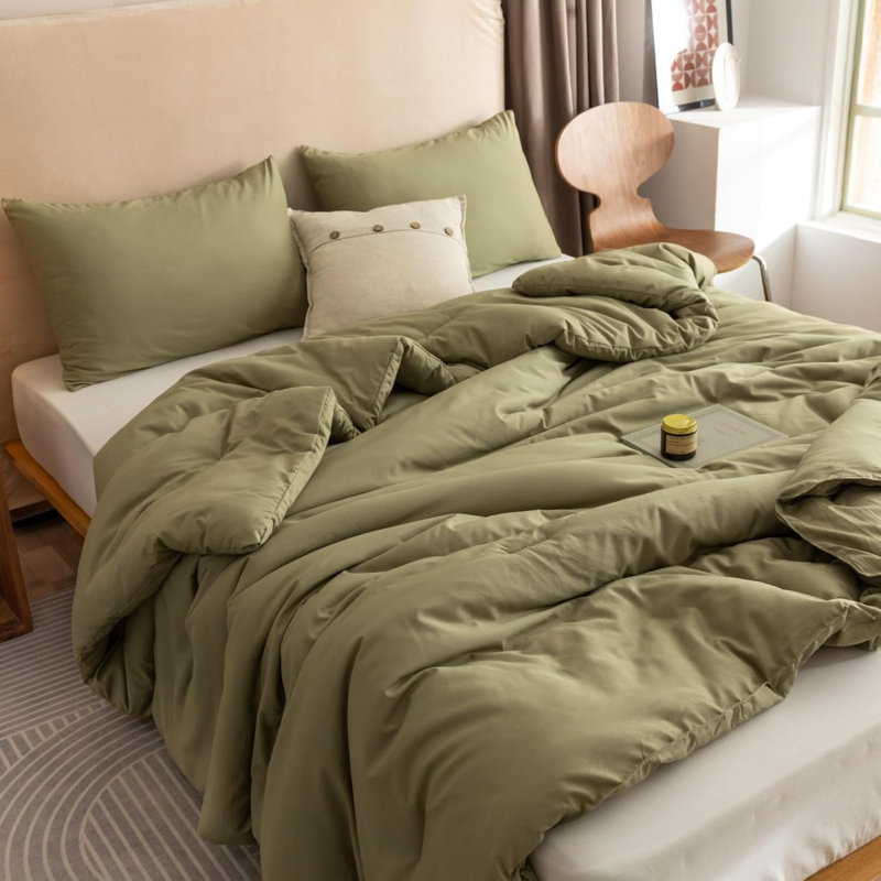 Ensemble d'édredon pour grand lit vert olive, ensembles de literie pour grand lit 3 pièces (1 édredon boho olive et 2 taies d'oreiller), courtepointe légère toutes saisons