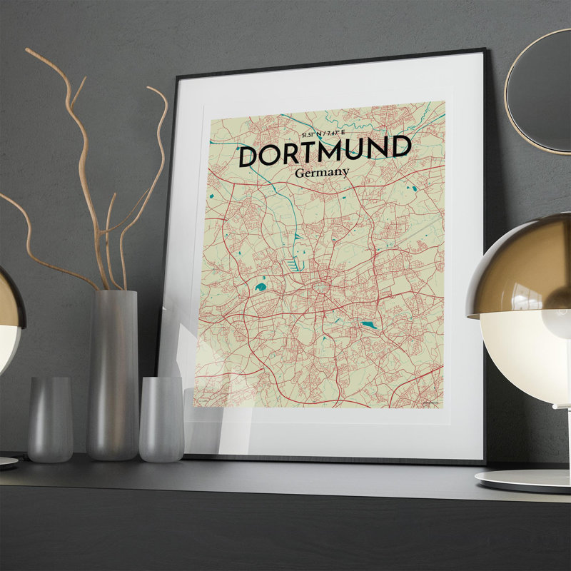 Dortmund City Map in Tricolour 1 Piece Wall Art, 20cm H x 16cm W x 0.05cm D