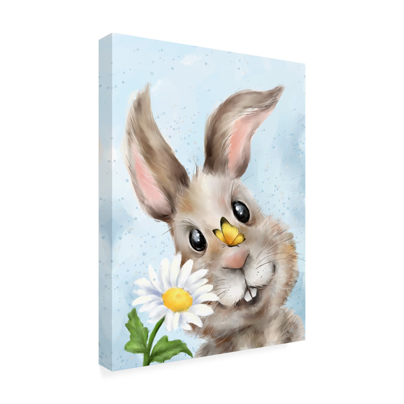 Œuvre d'art sur toile lapin, fleur et papillon, H 35 po x l 47 po