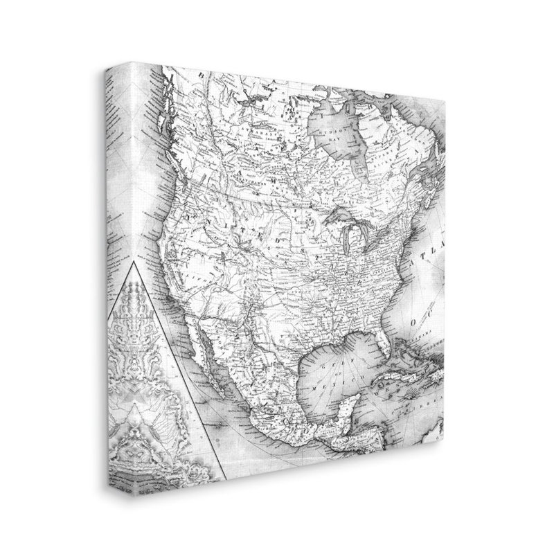 «Vintage Atlas Map of North America Gray Design» par Daphne Polselli, reproduction d'art, H 17 po x l 17 po x P 1,5 po