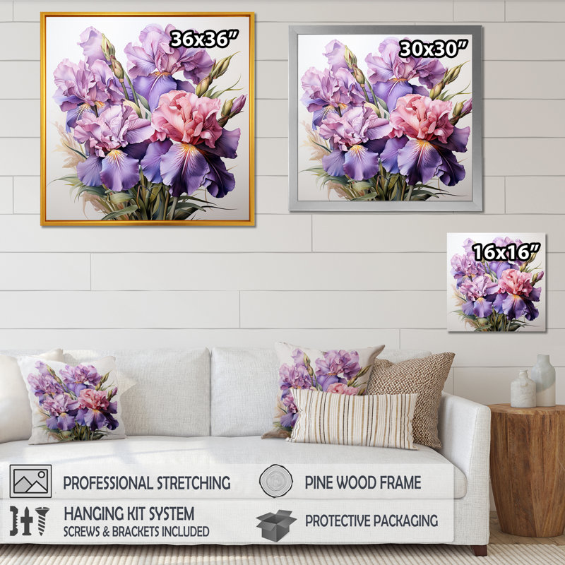 Mauve et rose Iris Grace I - iris, art mural, Cadre simple blanc, H 16 po x l 16 po x P 1 po