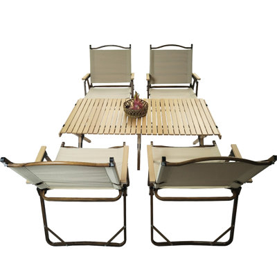 Portable Dining Table And Chair - 1 & 4 Chairs. Foldable Design. Natural Wood With Aluminum Frame Canvas Seat Breathable . Perfect For Camping, Fishing, Backyards. 2 Cartons Suitable Indoor Outdoor.