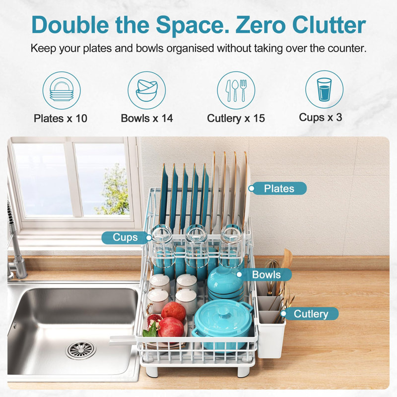 Adjustable Stainless Steel Dish Rack, White
