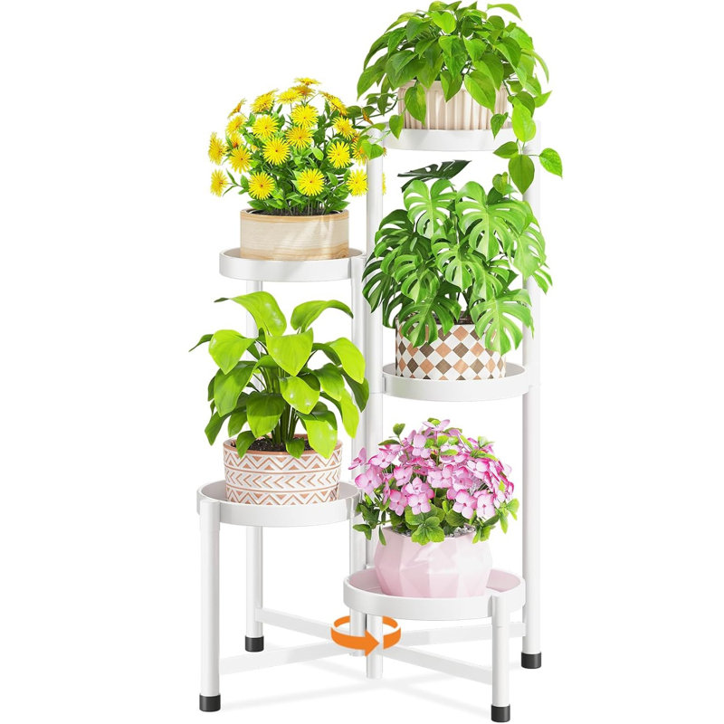 Support à plantes pliant à 5 niveaux pour grand pot à fleurs, support à fleurs réglable en métal robuste pour un coin étroit, support à étagère spirale verticale robuste pour maison moderne, blanc