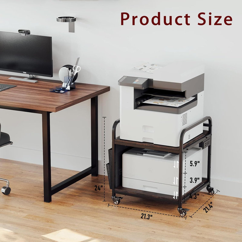 Support d'imprimante à hauteur réglable avec prises de courant intégrées et ports USB, chariot d'imprimante mobile robuste avec rangement et roulettes pour le bureau à domicile