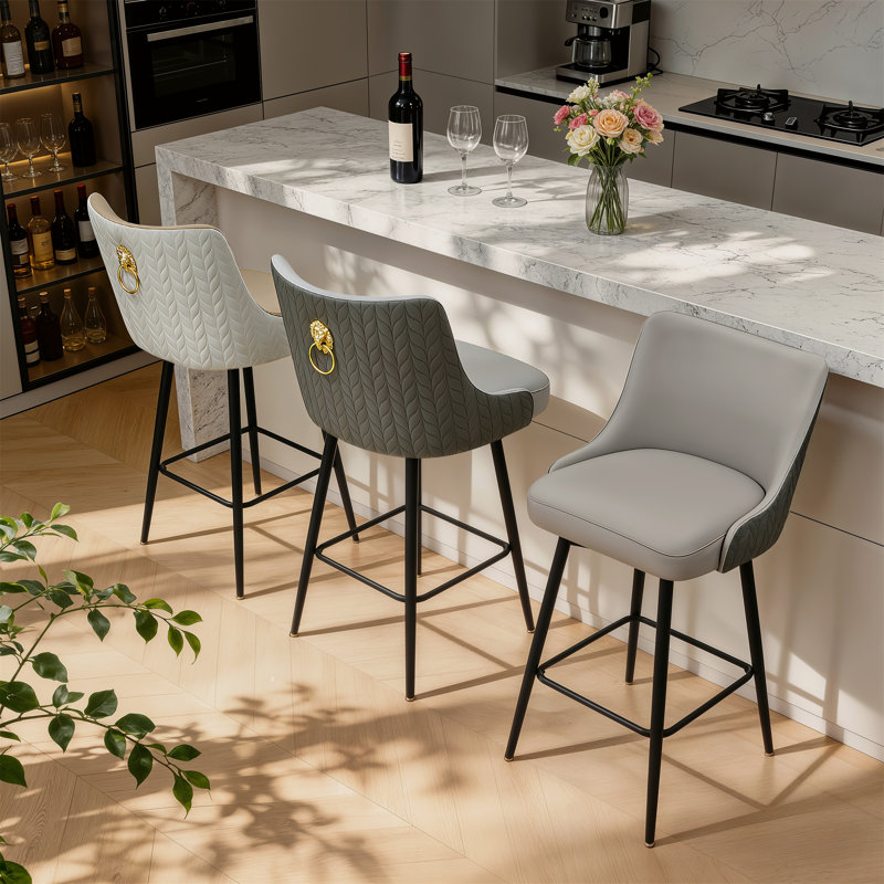 Bar Stool Upholstered Counter Height Bar Stool With Lion Knocker Breakfast Swivel Bar Chair For Kitchen Island, Grey