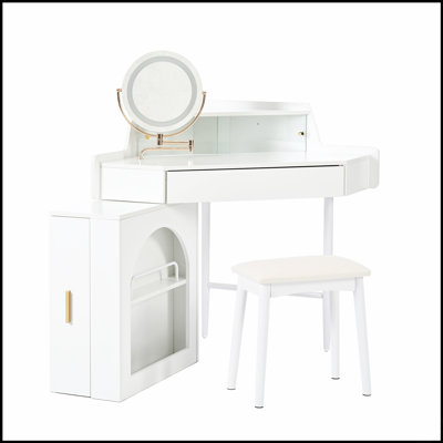 Bureau de coiffeuse d'angle avec lumières DEL, miroir réglable et grand espace de rangement pour les petits espaces