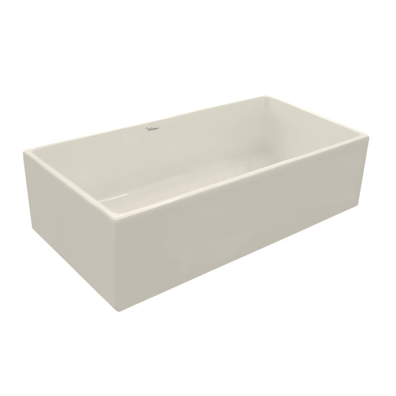 Whitehaus Collection 33” Reversible Single Bowl Fireclay Kitchen Sink: Plain, Concave Front Apron, Biscuit