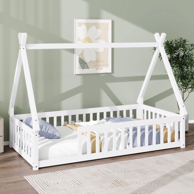 Lit simple pour enfants, lit en forme de tente, lit Montessori avec lattes et rails de clôture, structure de lit en bois