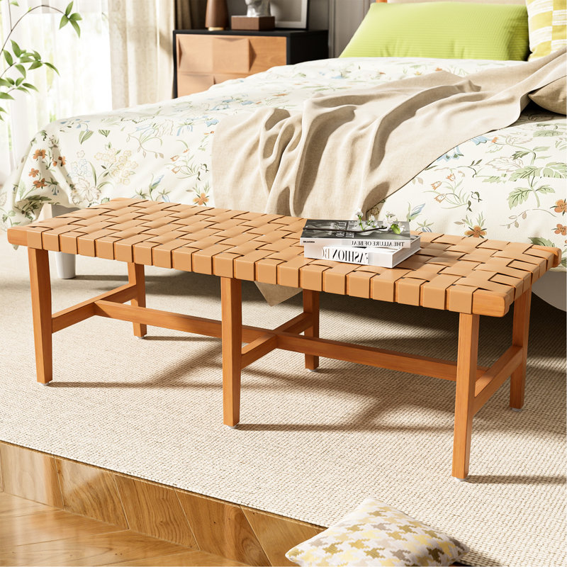 Banc en bois de polyuréthane tissé et élégant pour la chambre à coucher - profondeur 53,71 po, largeur 16,62 po, hauteur 17,82 po avec siège