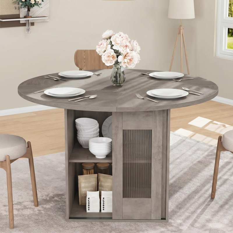 Table de salle à manger 47 "ronde pour 4 à 6 personnes, table de cuisine carrée moderne avec 2 tablettes de rangement, porte coulissante en verre cannelé, grain de bois gris