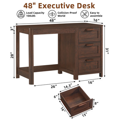 48'' Farmhouse Executive Desk With Storage, Wooden Home Office Desk With Drawer And Vintage Handle, Large Computer Writing Desk For Study, Bedroom, Living Room