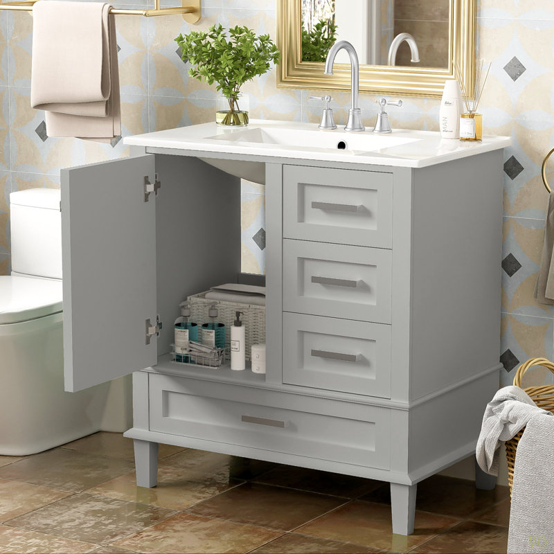 Ensemble de meuble-lavabo moderne avec lavabo 30 po, meuble-lavabo moderne avec porte à fermeture douce et 3 tiroirs, structure en bois massif