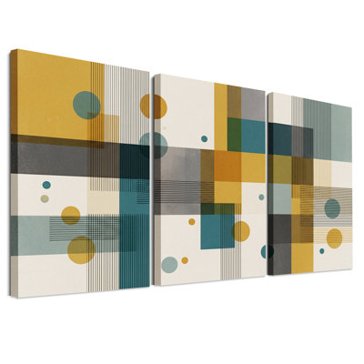 Ensemble de 3 toiles murales à motif géométrique moutarde et turquoise avec cercles