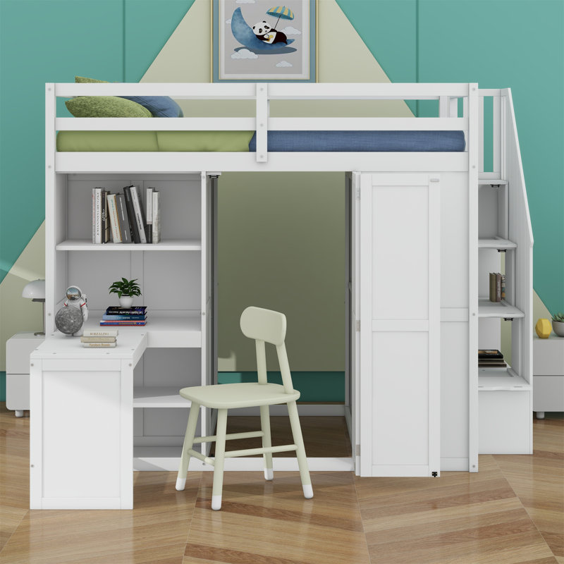 Lit mezzanine avec garde-robe, bureau et tablettes, Blanc