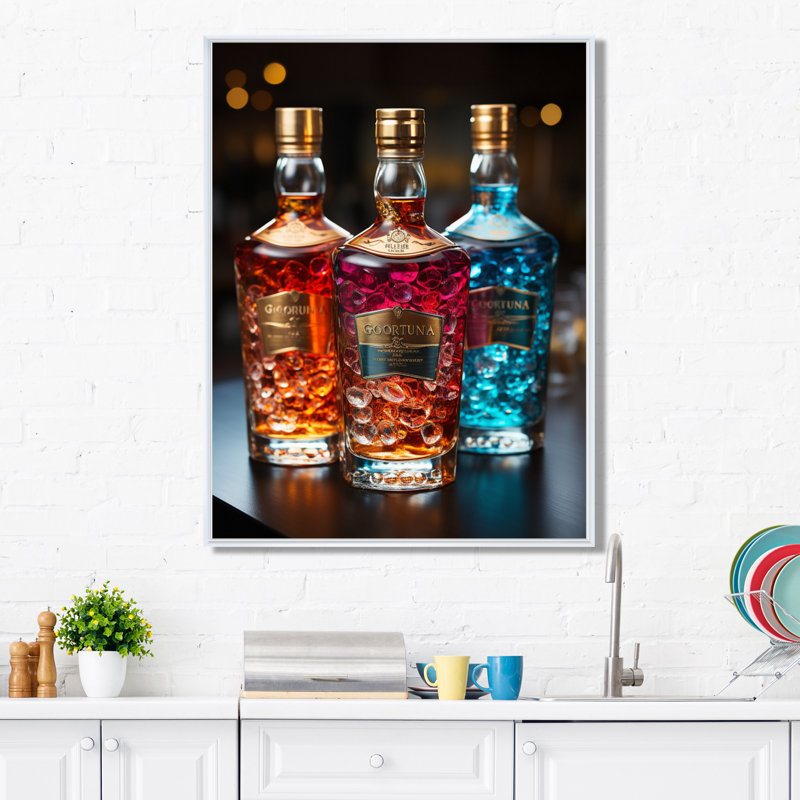 Liquor Spirit Drops Bottles II - Liquor, reproduction sur toile encadrée, H 44 po x l 34 po, Cadre photo noir