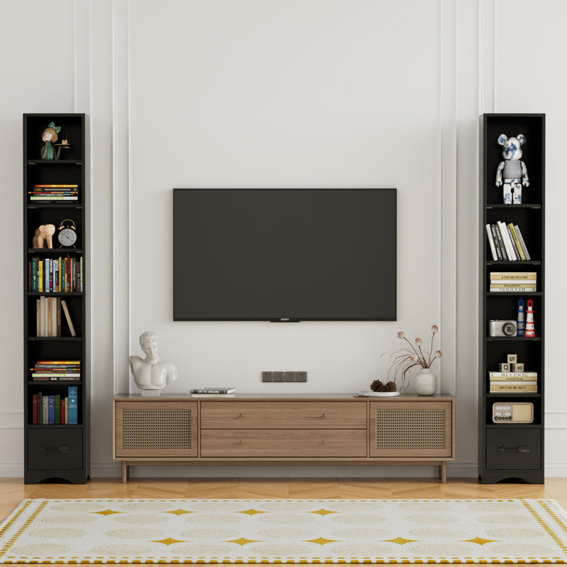 Melgarejo 7 Tier Tall Narrow Bookshelf With Storage Drawer, 71" Compact Corner Bookcase, Freestanding Shelf Organizer Unit For Living Room, Bedroom, Home Office