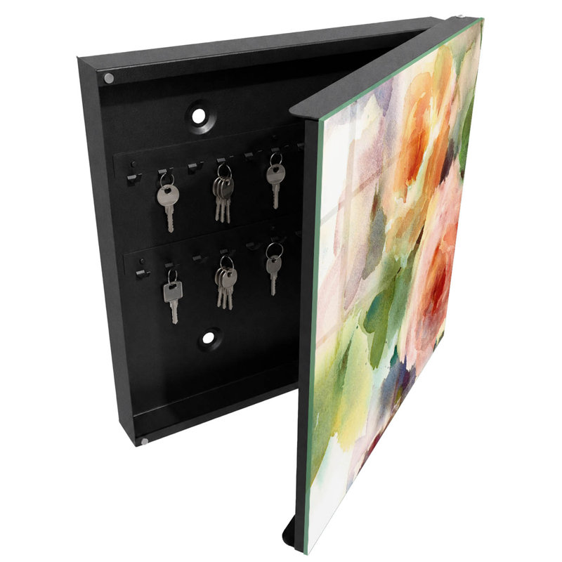 Wall mounted key box, Opens to the right, 30x30x5, Black, watercolor flowers in pastel colors, 