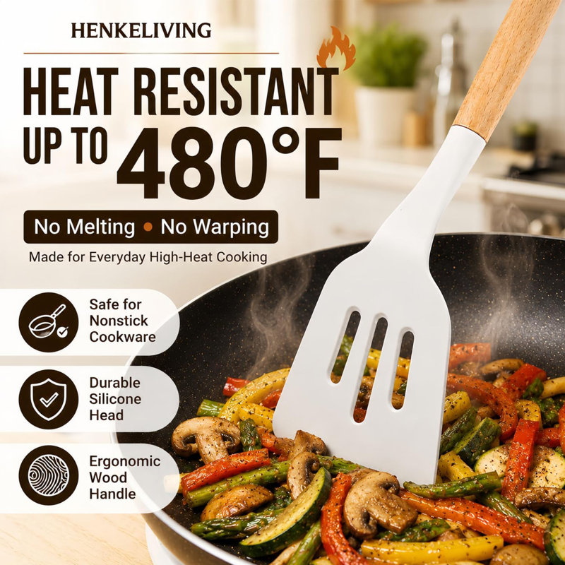 14 PCS Silicone Cooking Utensil Set, Wooden Handle Kitchen Utensils Set, Non-Stick,Heat Resistant, BPA Free