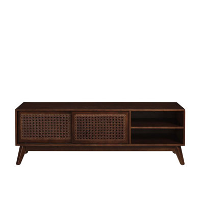 59 Inch Mid Century Modern Rattan TV Stand for 65 Inch TV, Entertainment Cabinet, Media Console for Living Room Media Room, Solid Wood Feet & Rattan Cabinet Doors