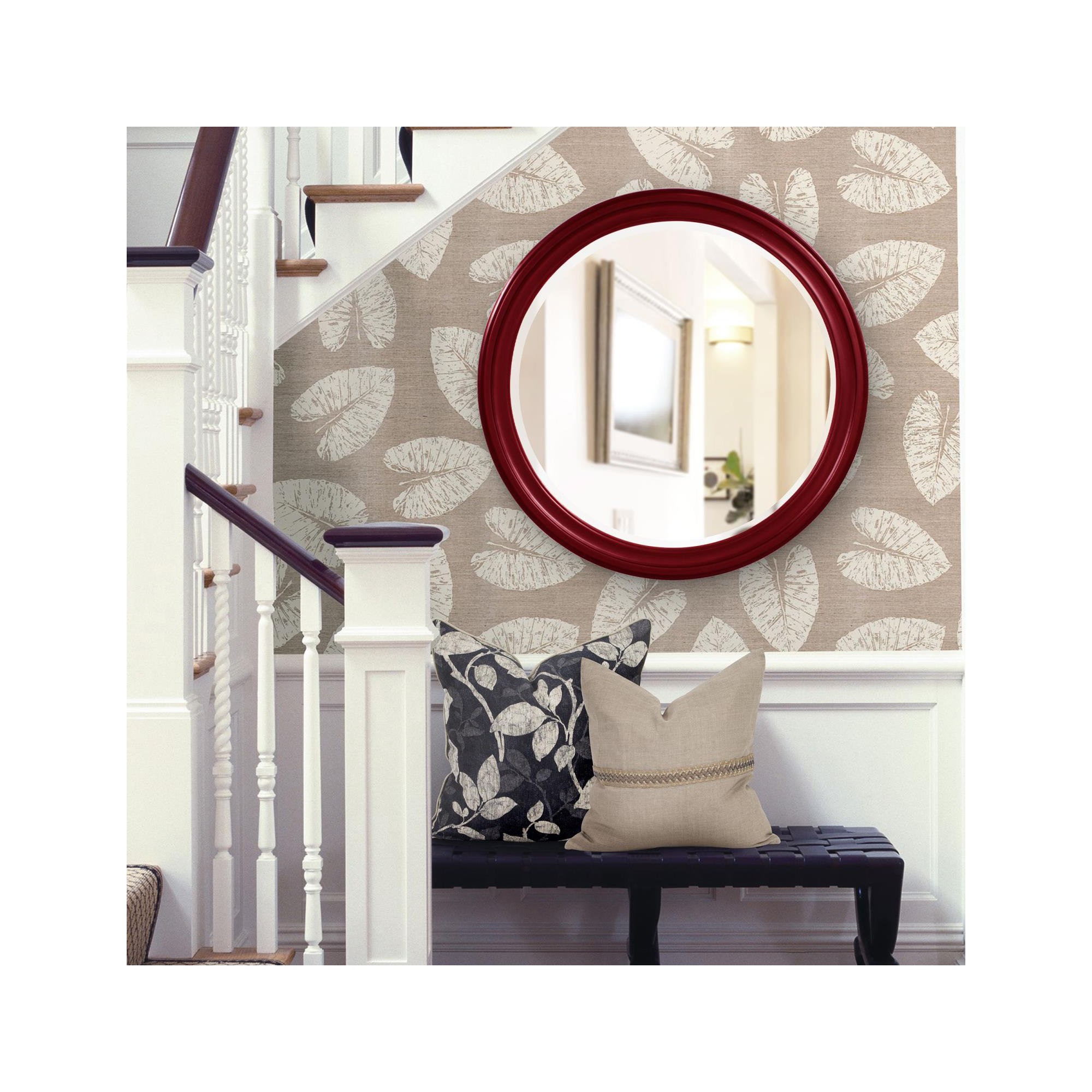 Talvi Wood Round Wall Mirror, Burgundy