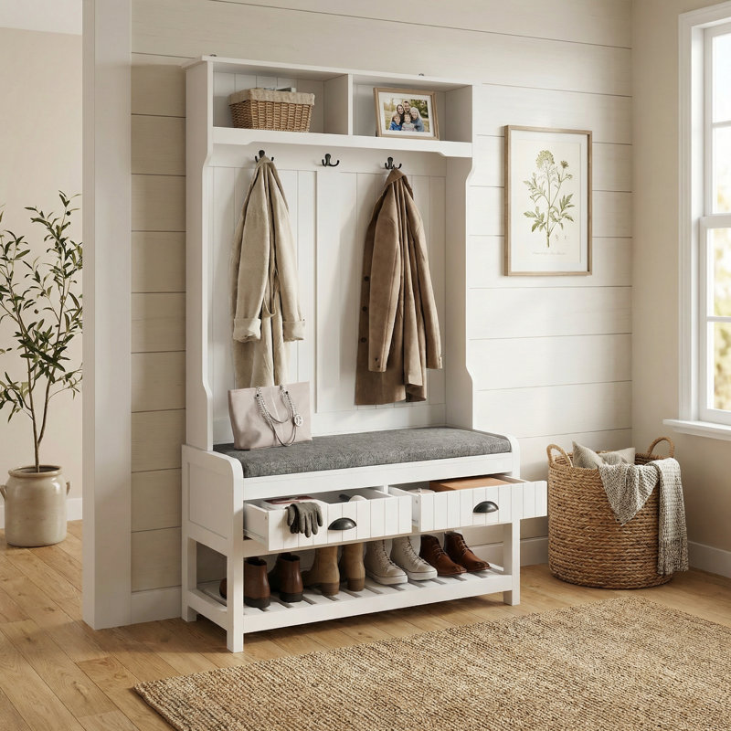 34.3 " Wide Hall Tree with Drawers and Shoe Storage, White