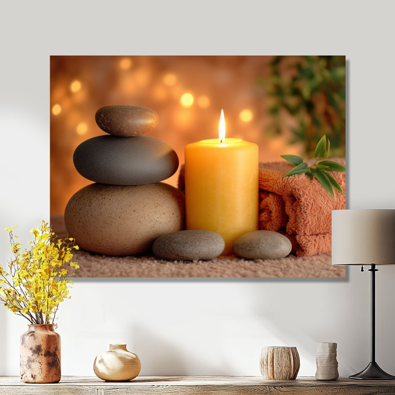 "Elegant Relaxing Spa" - Art mural encadré en bambou, impression sur toile jaune asiatique, H 12 po x l 20 po, Toile tendue